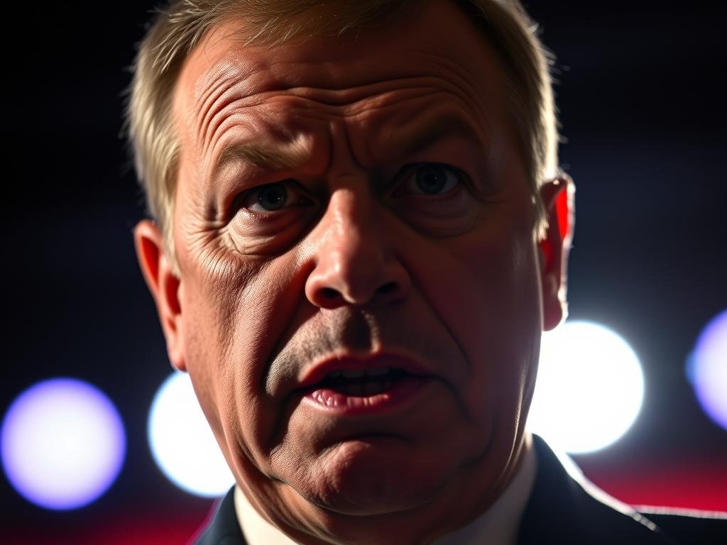 A closeup portrait of Curtis Sliwa, the Republican candidate for NYC mayor, delivering a sharp, confrontational one-liner on a dimly lit stage. Sliwa's face is illuminated by dramatic lighting, casting dramatic shadows that accentuate his intense, crime-focused expression. The background is blurred, placing the emphasis on Sliwa's piercing gaze and the determined set of his jaw. The lens has a slightly wide angle to capture Sliwa's passionate, no-nonsense demeanor as he forcefully contrasts his law-and-order platform with his opponent's policies. The overall mood is tense, serious, and combative, reflecting Sliwa's aggressive campaign strategy.