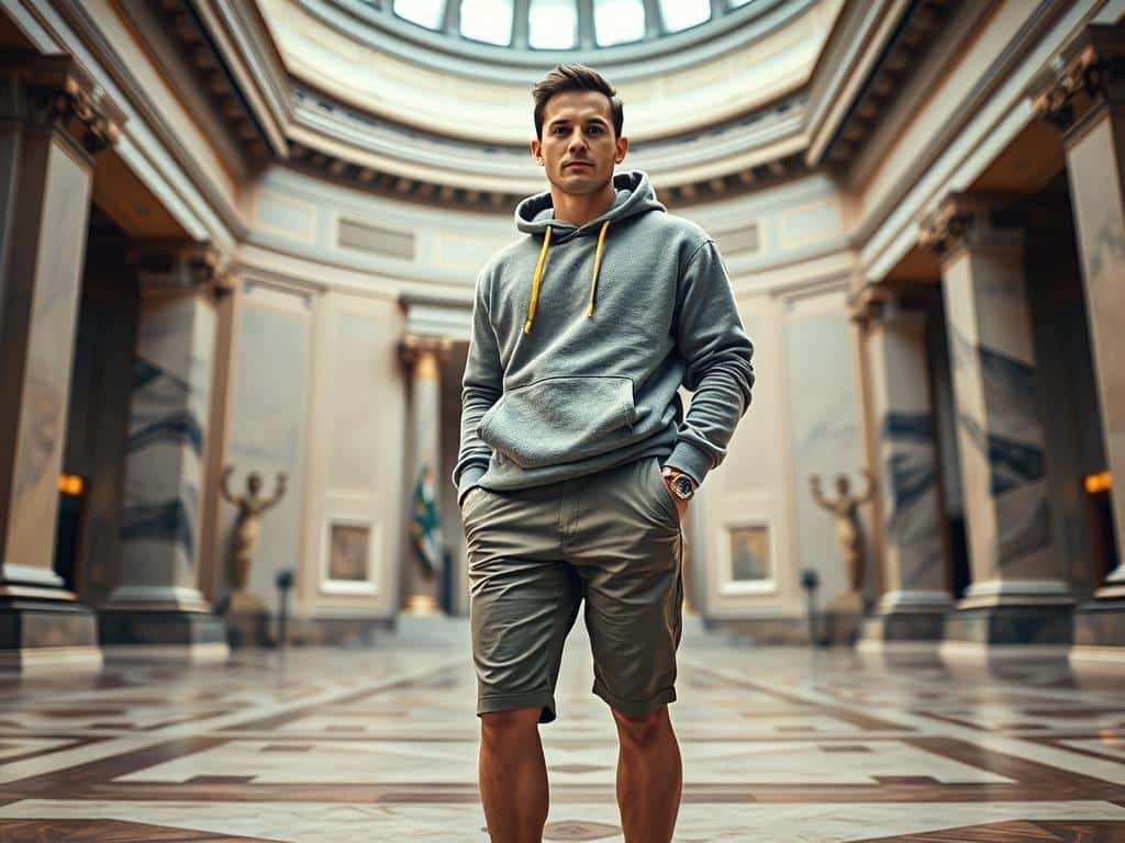 A confident male senator dressed in a casual yet stylish hoodie and tailored shorts, standing proudly in the Capitol Rotunda. He exudes a sense of modern style mixed with political gravitas. The foreground captures him in sharp detail, showcasing the texture of his hoodie and the vibrant colors of his outfit, complemented by clean, polished sneakers. In the middle ground, the iconic architectural features of the Capitol are subtly blurred to emphasize the senator. Soft, diffused lighting gently illuminates the scene, creating a warm, welcoming atmosphere. The background features classical elements, like marble columns and the iconic dome, hinting at tradition. The angle is a slightly low shot, adding an empowering perspective to the senator, embodying the fusion of casual fashion with political presence.