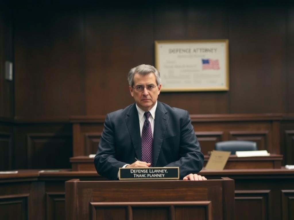 A courtroom setting with a defense attorney standing at a podium, facing the camera with a serious, determined expression. Behind them, a large wooden desk with a nameplate and legal documents. The room is dimly lit, with a sense of tension and gravity. The defense attorney's body language conveys a sense of strategic planning and legal expertise, ready to mount a vigorous defense. The background is blurred, placing the focus on the attorney and the legal proceedings. The overall mood is one of intensity, as the defense prepares to navigate the complexities of the case.