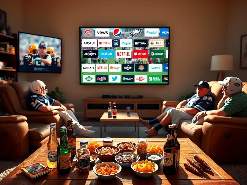 A cozy living room scene on a sunny Super Bowl Sunday, with a large flat-screen TV as the centerpiece. In the foreground, an array of snacks and beverages - beer bottles, chips, dips, and more - arranged on a wooden coffee table. In the middle ground, plush recliners and a comfortable sectional sofa, with fans decked out in team jerseys and hats eagerly awaiting the big game. The background features various streaming service logos and packages displayed on the TV screen, offering a range of viewing options for the ultimate Super Bowl experience. The lighting is warm and inviting, creating a vibrant, game-day atmosphere.
