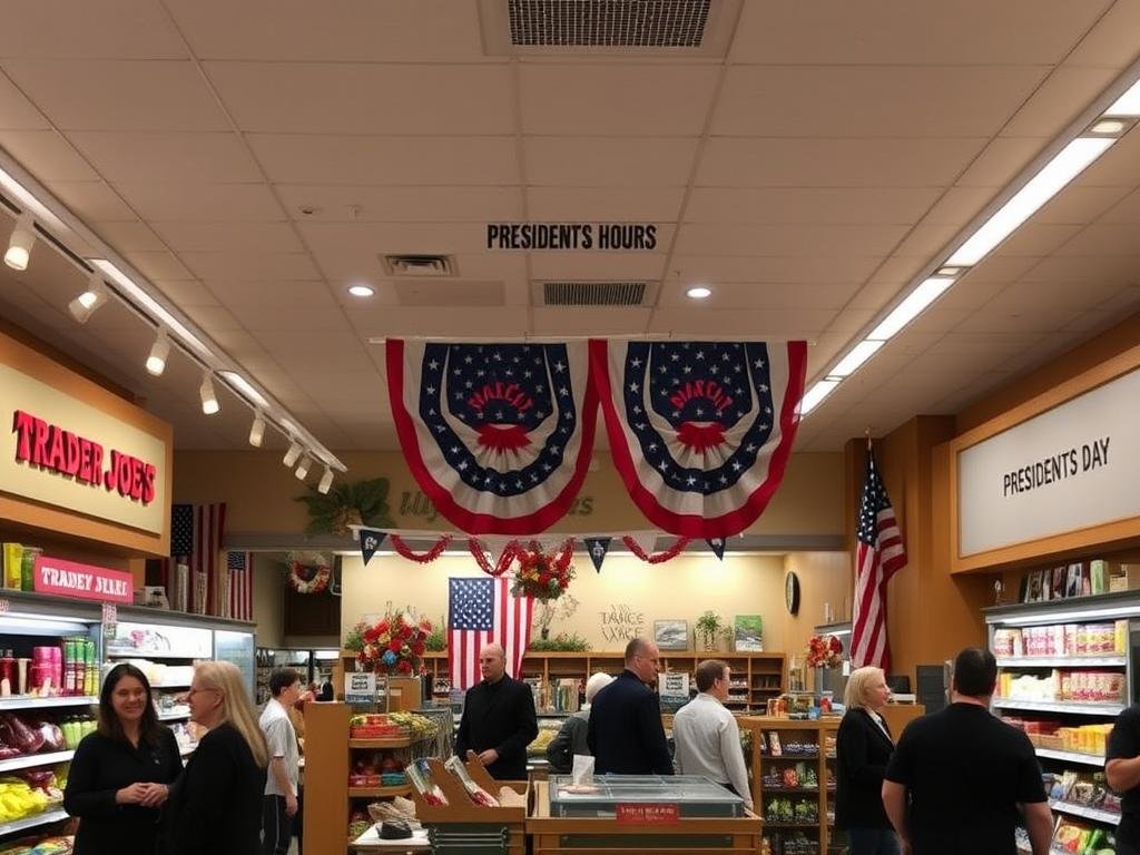 A cozy, well-lit interior of a Trader Joe's grocery store, with a prominent display of American flags and other patriotic decorations in celebration of Presidents Day. The store's logo and signage are clearly visible, conveying the store's operating hours during the holiday. The scene captures a warm, welcoming ambiance, with customers browsing the aisles and employees providing friendly assistance. The lighting is soft and natural, creating a pleasant atmosphere. The image should effectively communicate the store's operating status and festive mood during the Presidents Day holiday.