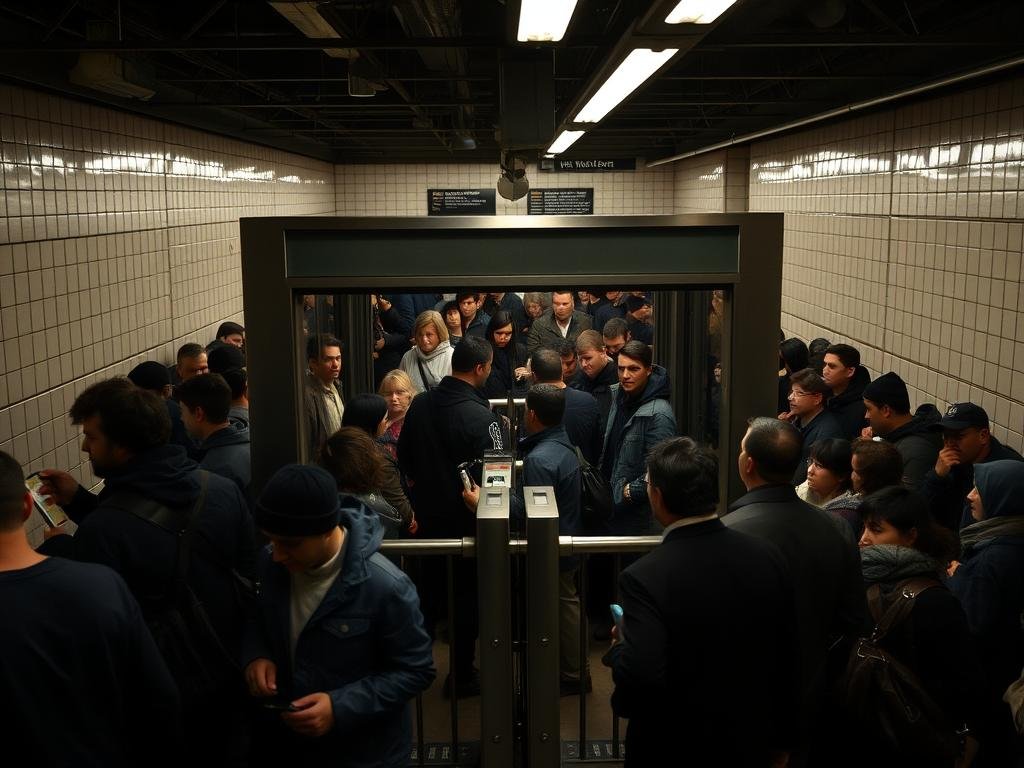 A crowded NYC subway turnstile, its metal gates and barriers standing tall against a backdrop of tiled walls and dim overhead lighting. Commuters stream through, some pausing to swipe their MetroCards, others searching for a way around. The turnstile's sturdy frame casts long shadows, conveying a sense of functionality and permanence amidst the bustling movement. The scene is imbued with a gritty urban atmosphere, hinting at the challenges of navigating the city's public transit system. A careful balance of realism and visual interest, capturing the essence of a quintessential New York experience.