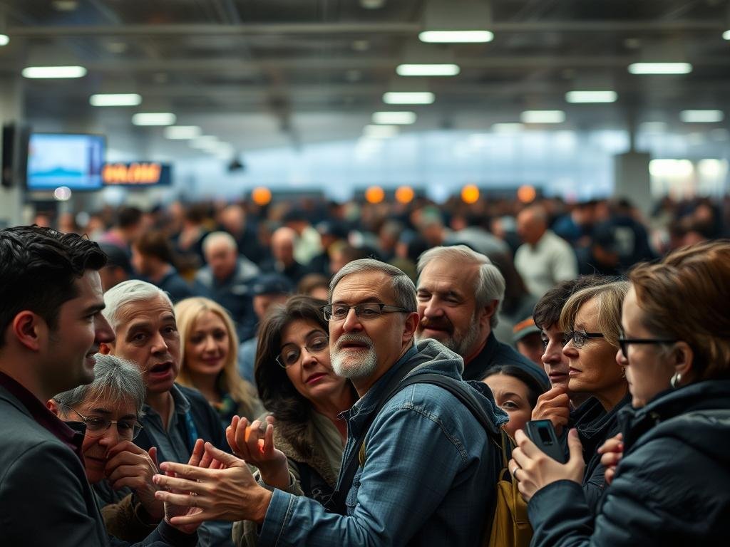 A crowded airport terminal, passengers huddled together, faces etched with concern. Bright overhead lights cast dramatic shadows, heightening the sense of tension. In the foreground, a group of travelers gesticulate animatedly, recounting their harrowing experience. Their expressions range from fear to relief, a tapestry of raw emotion. The middle ground is a blur of activity - uniformed personnel, luggage, and the occasional flash of a camera as onlookers document the scene. In the background, the vast expanse of the terminal fades into a hazy, indistinct backdrop, the focus solely on the human drama unfolding before the viewer.