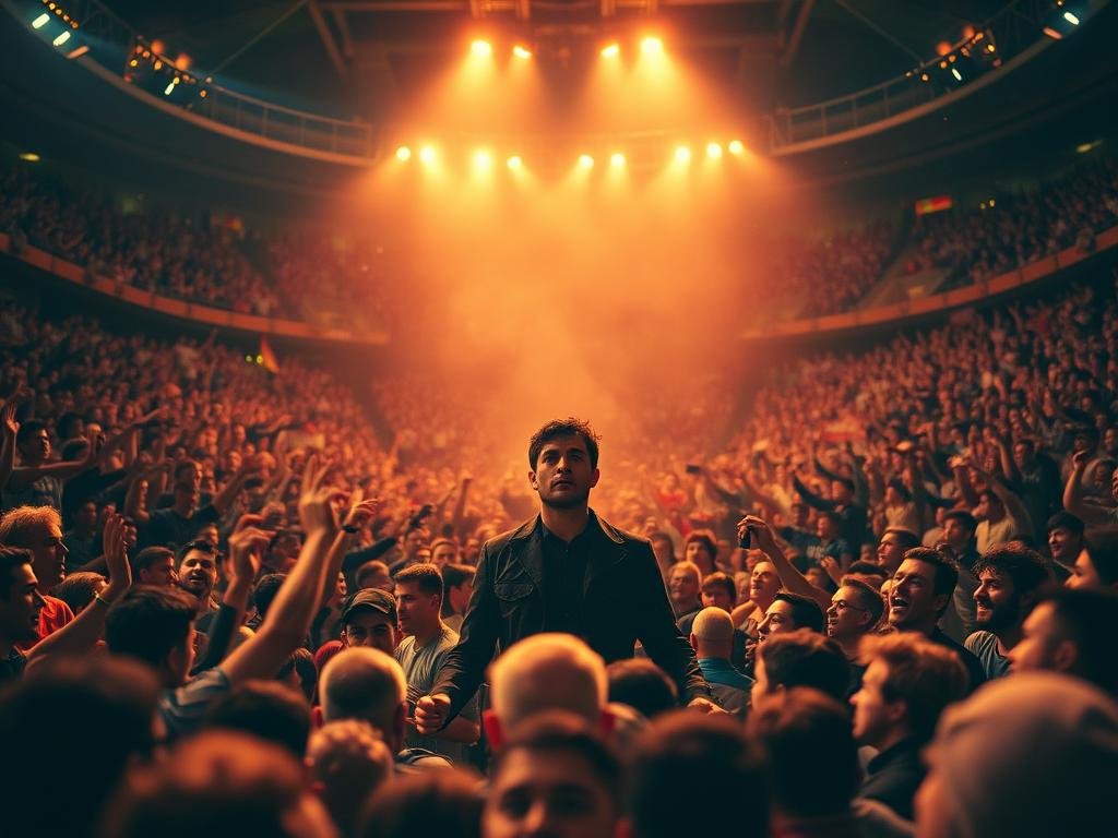 A crowded stadium, filled with cheering fans, their voices rising in a united chant. In the center, a figure stands amidst the chaos, their expression a mix of confusion and disbelief. The scene shifts, the chant echoing across social media, the words morphing into a viral misquote, spreading like wildfire. Capture the energy of the moment, the transformation from a spontaneous outburst to a cultural phenomenon. Utilize a cinematic, wide-angle perspective, with a shallow depth of field, emphasizing the crowd's intensity and the solitary figure at the heart of the storm. Employ warm, vibrant lighting to convey the electric atmosphere, while subtle hints of shadow and distortion suggest the evolving narrative. Craft a striking, visually compelling image that encapsulates the "Origins: From stadium chants to a viral misquote" section of the article.