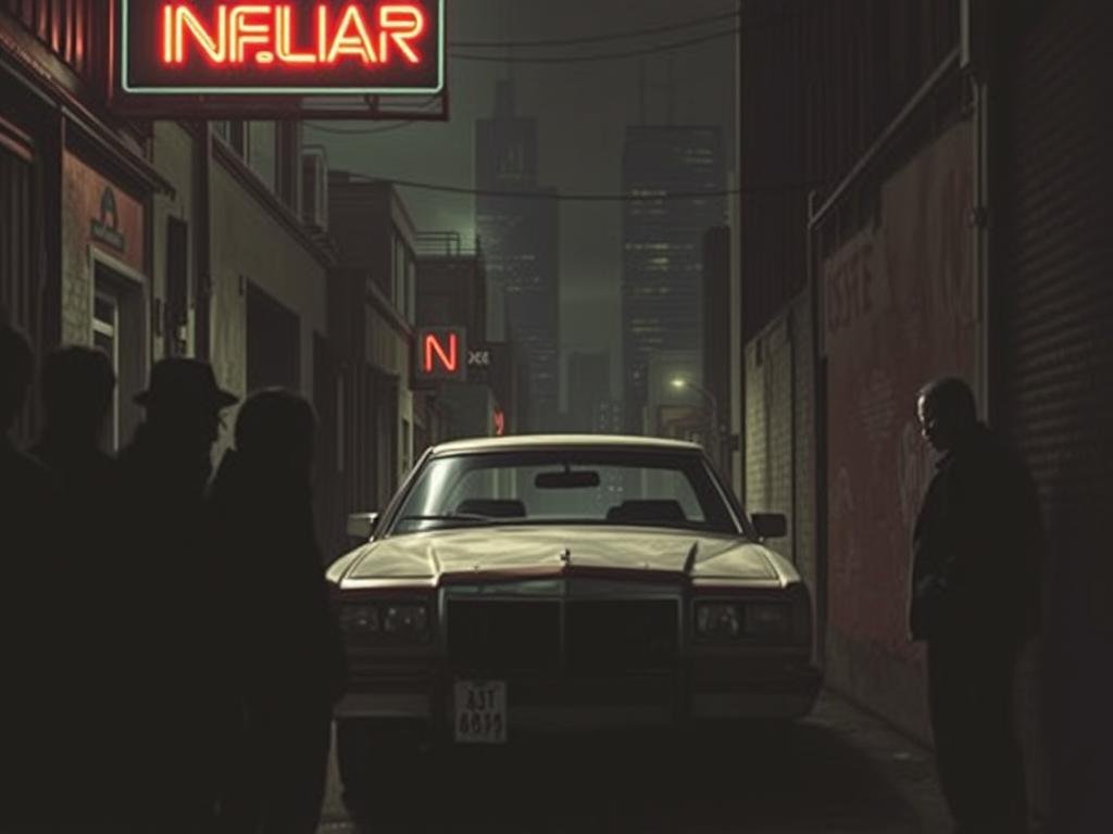 A dark, dimly lit alleyway, lit by the faint glow of neon signs. In the foreground, a group of shadowy figures, their faces obscured, gather in a secretive meeting. In the middle ground, a battered car sits, its tinted windows hinting at the unsavory activities taking place within. In the background, the silhouettes of skyscrapers loom, creating a sense of urban decay and lawlessness. The atmosphere is tense, with a palpable air of danger and intrigue. Cinematic lighting casts dramatic shadows, heightening the sense of mystery and the underworld context. The overall composition evokes the seedy, underground nature of the "Infamy Podcast" and its related figures.