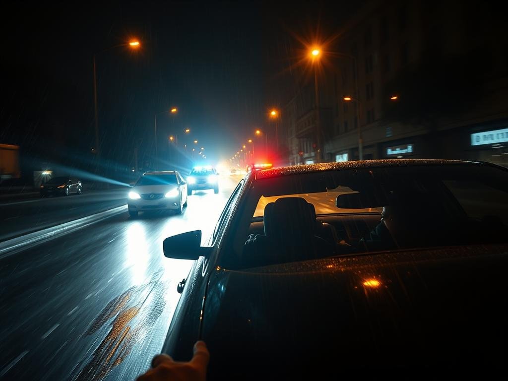 A dark, rain-soaked city street at night. The headlights of a speeding car cast long shadows as it weaves through traffic, the driver's face obscured in the gloom. In the distance, the flashing lights of police vehicles close in, their sirens wailing. The camera angle is low, capturing the intensity of the chase from the perspective of the pursuer. Gripping tension fills the air, the urgency palpable as authorities search desperately for the elusive suspect.