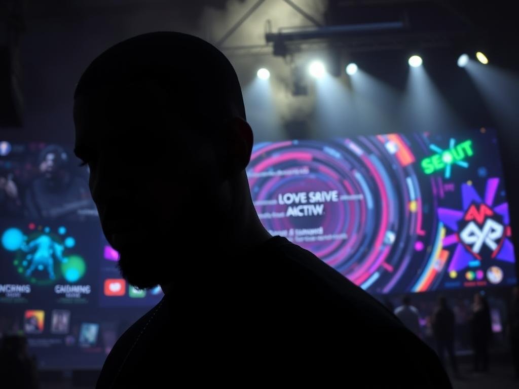 A dark, smoky livestream stage with Drake's brooding silhouette in the foreground, his face half-obscured by dramatic shadows. In the middle ground, a swirling vortex of subtext and coded messaging, hinting at a simmering feud. The background is a kaleidoscopic blend of colorful graphics, neon lights, and abstract shapes, suggesting the spark and energy of a high-stakes online battle. The lighting is moody and dramatic, with deep shadows and highlights that accentuate the tension and intensity of the scene. The overall tone is one of anticipation, conflict, and the weight of unspoken narratives. A dark, smoky livestream stage with Drake's brooding silhouette in the foreground, his face half-obscured by dramatic shadows. In the middle ground, a swirling vortex of subtext and coded messaging, hinting at a simmering feud. The background is a kaleidoscopic blend of colorful graphics, neon lights, and abstract shapes, suggesting the spark and energy of a high-stakes online battle. The lighting is moody and dramatic, with deep shadows and highlights that accentuate the tension and intensity of the scene. The overall tone is one of anticipation, conflict, and the weight of unspoken narratives.