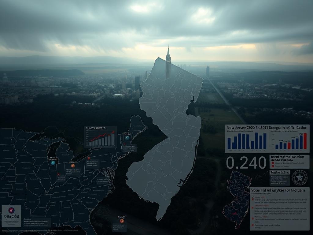 A data-rich and meticulously composed image exploring the 2022 New Jersey gubernatorial election. In the foreground, detailed county-level visualizations of voter turnout, demographic shifts, and grassroots campaign activities. The middle ground features infographics and analytics overlaying a map of the state, conveying the nuanced regional divides. In the background, a moody and evocative landscape depicting the diverse electorate and the high-stakes political landscape. Soft, diffused lighting casts an authoritative yet contemplative atmosphere, with a cinematic depth-of-field focusing the viewer's attention. The overall impression is one of a rigorous, data-driven analysis that illuminates the complex tapestry of modern American electoral politics.