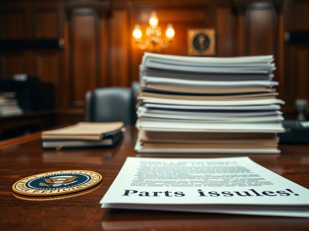 A desk surface, illuminated by a warm, ambient light, displays a meticulously organized collection of official documents. In the foreground, a presidential seal and the phrase "Pardons Issued" stand out, hinting at the weighty decisions that have been made. The middle ground features a stack of folders, each representing a case file, while the background showcases a stately, wood-paneled office, conveying a sense of authority and tradition. The overall scene exudes a mood of thoughtful contemplation, as if the viewer is privy to the culmination of a solemn and consequential process.