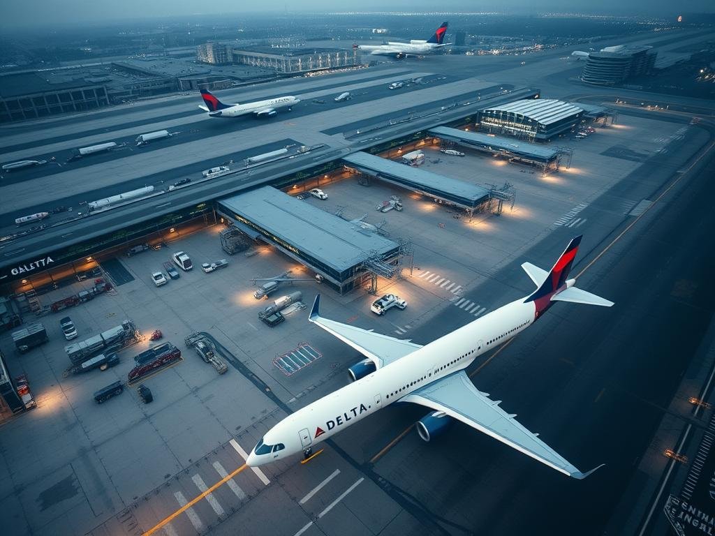 A detailed aerial view of LaGuardia Airport, with a Delta Airlines flight in the foreground. The scene is captured with a wide-angle lens, showcasing the terminal buildings, runways, and surrounding infrastructure. The lighting is a combination of natural daylight and subtle artificial illumination, creating a sense of urgency and focus. The image conveys a recapitulation of key details from the incident, with a focus on the specific location, airline, and the overall airport environment. The mood is one of heightened attention and information sharing, rather than sensationalism or alarm.