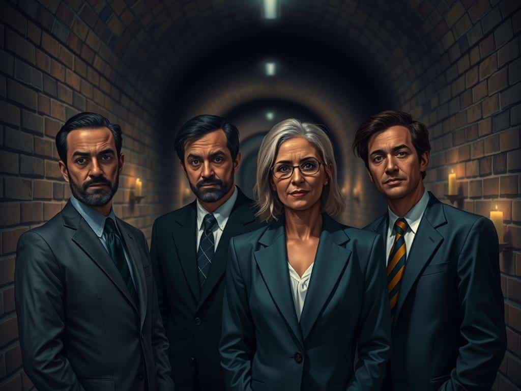 A detailed depiction of four diverse individuals standing in a dimly lit tunnel, symbolizing a Brooklyn synagogue. In the foreground, the figures are dressed in professional business attire, conveying a serious demeanor. Their expressions reflect a mix of concern and determination as they glance towards the viewer. The middle ground features the tunnel's brick walls with subtle lighting illuminating the scene, enhancing the somber mood. Soft shadows create an air of tension. In the background, faint silhouettes of religious symbols and faintly glowing candles add depth, suggesting the sacred nature of the location. The atmosphere is serious and contemplative, evoking a sense of gravity about the situation. Use a slightly angled perspective to emphasize the depth of the tunnel, ensuring the focus remains on the individuals.