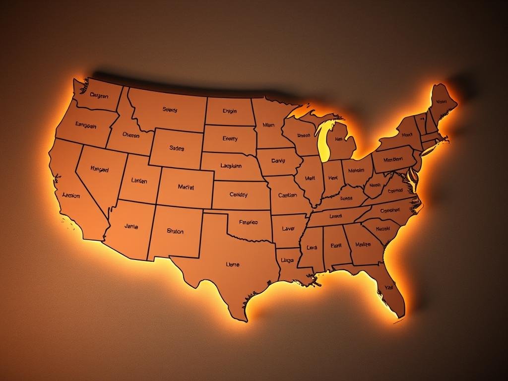 A detailed map of the United States, illuminated by soft, warm lighting and captured with a wide-angle lens. The states are clearly delineated, with their borders and names prominently displayed. The map is set against a muted, textured background, creating a sense of depth and dimension. The focus is on the state with the highest number of electoral votes, highlighted with a subtle glow or emphasized in some other visually striking way, drawing the viewer's attention to this key piece of information. The overall mood is informative and authoritative, inviting the viewer to engage with the data presented.