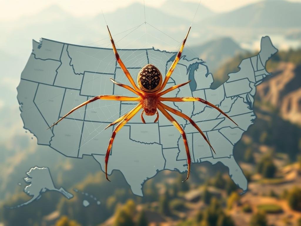 A detailed map of the United States, with various regions highlighted to indicate the spreading range of the invasive Joro spider. The foreground features a close-up view of a Joro spider, its intricate web-like pattern and golden hue shimmering under natural lighting. The middle ground showcases different states and territories, each marked with icons or shading to denote the spider's presence and expansion. The background portrays a hazy, atmospheric landscape, conveying a sense of the spider's gradual colonization of new territories across the country. The overall tone is informative and visually striking, capturing the essence of the "Where Joro spiders are spreading in the U.S." section.