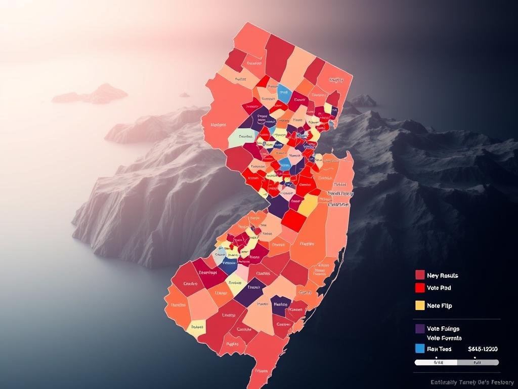 A detailed political map of New Jersey, showcasing the county-level results of a heated gubernatorial election. The foreground displays a vibrant visualization of the vote swings and county flips that determined the final outcome, with bold colors and dynamic data visualizations. The middle ground features a topographic rendering of the state's geography, highlighting the regional variations in voting patterns. In the background, an atmospheric lighting scheme casts a contemplative mood, conveying the gravity of the political process. The overall composition strikes a balance between analytical clarity and artistic expression, inviting the viewer to ponder the complex interplay of geography, demographics, and electoral dynamics.