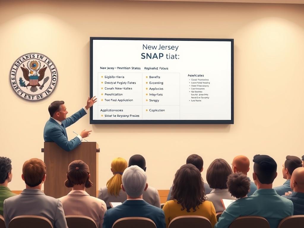 A detailed rendering of the current New Jersey Supplemental Nutrition Assistance Program (SNAP) status, depicted in a clean, informative manner. In the foreground, a government official stands at a podium, gesturing towards a large screen displaying key SNAP program details, including eligibility criteria, benefits, and application processes. The middle ground features a group of diverse SNAP recipients, attentively listening and taking notes. The background showcases the state of New Jersey's official seal and subtle, warm lighting, conveying a sense of authority and trust. The overall scene exudes a professional, yet approachable atmosphere, encouraging SNAP recipients to take the necessary actions to maintain or obtain their benefits.