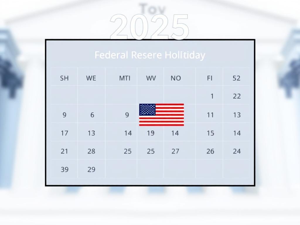 A detailed schematic illustration of the 2025 Federal Reserve holiday schedule, featuring the Veterans Day federal holiday on November 11. The illustration depicts a sleek, minimalist calendar layout with crisp, clean lines and a cool, professional color palette of blues, grays, and whites. The calendar grid is set against a softly blurred background, creating a sense of depth and focus on the key information. The Veterans Day holiday is highlighted with a subtle yet prominent visual treatment, such as a flag icon or patriotic accent color, to draw the viewer's attention. The overall composition conveys a sense of authority, precision, and the practical implications of the Federal Reserve's schedule for financial institutions and the public.