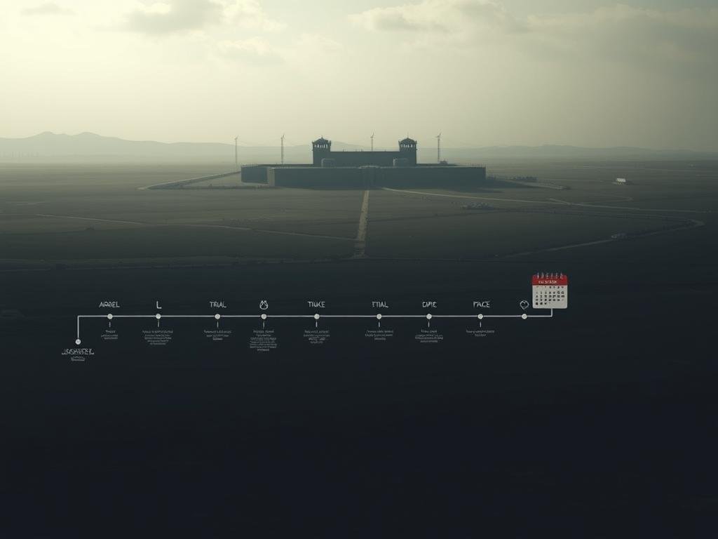 A detailed timeline stretching across a vast, ominous landscape. In the foreground, a series of interconnected icons and markers depicting the stages of incarceration - arrest, trial, sentencing, prison intake. The midground features a looming, imposing prison structure, its austere walls casting long shadows. In the distance, a glimmer of hope - a calendar marking the eventual release date, a symbol of possible freedom. The scene is bathed in a somber, muted palette, conveying the gravity and weight of the situation. Shadows and highlights emphasize the sense of confinement and the passage of time. The overall composition evokes a sense of inevitability, yet leaves room for the contemplation of what lies ahead.