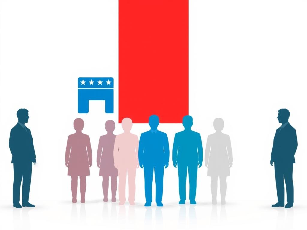 A digital illustration depicting the partisan breakdown of voters, featuring three distinct groups: Democrats, Republicans, and independents. The composition is divided into three equal vertical sections, each with a unique visual representation of the corresponding political affiliation. The Democrats are represented by a vibrant blue hue, the Republicans by a bold red, and the independents by a more neutral gray. The figures within each section are depicted as simple, abstracted silhouettes, conveying a sense of unity and uniformity within each group. The overall tone is one of balance and impartiality, with a clean, minimalist aesthetic and soft, diffused lighting that creates a sense of depth and visual harmony.
