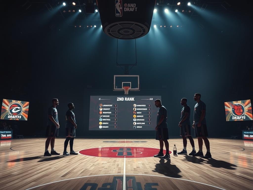 A dimly lit basketball court, center stage, showcasing the notable names still waiting to be drafted in the 2nd round of the NBA. In the foreground, a stylized scoreboard displays the team logos and jersey numbers of the top prospects, their silhouettes casting long shadows across the hardwood. The middle ground features the players themselves, poised and focused, their expressions conveying a mix of anticipation and determination. The background is a hazy, atmospheric rendering of the arena, the crowd's energy palpable. Soft, dramatic lighting illuminates the scene, creating a sense of tension and drama befitting the high-stakes moment. Captured with a cinematic, wide-angle lens, the image evokes the excitement and uncertainty of the NBA Draft's second round.