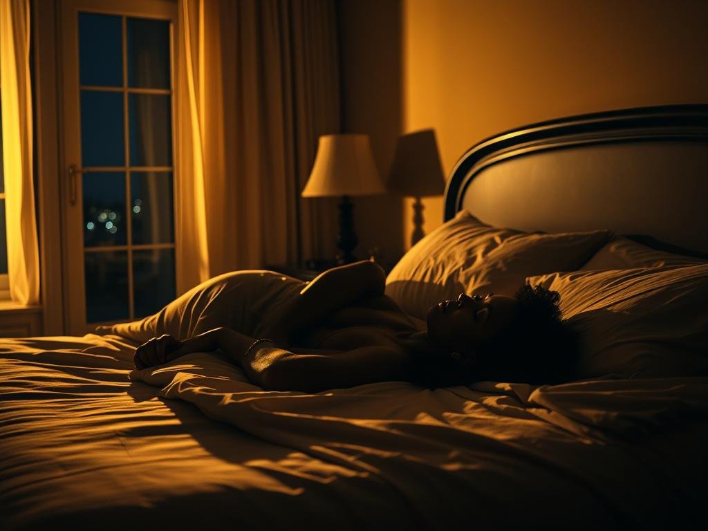 A dimly lit bedroom, the air heavy with an unsettling stillness. On the bed, a woman's lifeless form, Kim Porter, rests peacefully, her features serene despite the tragedy that has unfolded. The scene is bathed in a warm, golden glow, casting long shadows across the room, suggesting a sense of mystery and unease. In the background, a window offers a glimpse of the night sky, hinting at the unanswered questions surrounding her untimely passing. The image conveys a sense of profound loss and the lingering questions that haunt those left behind, urging the viewer to delve deeper into the circumstances that led to this tragic event.