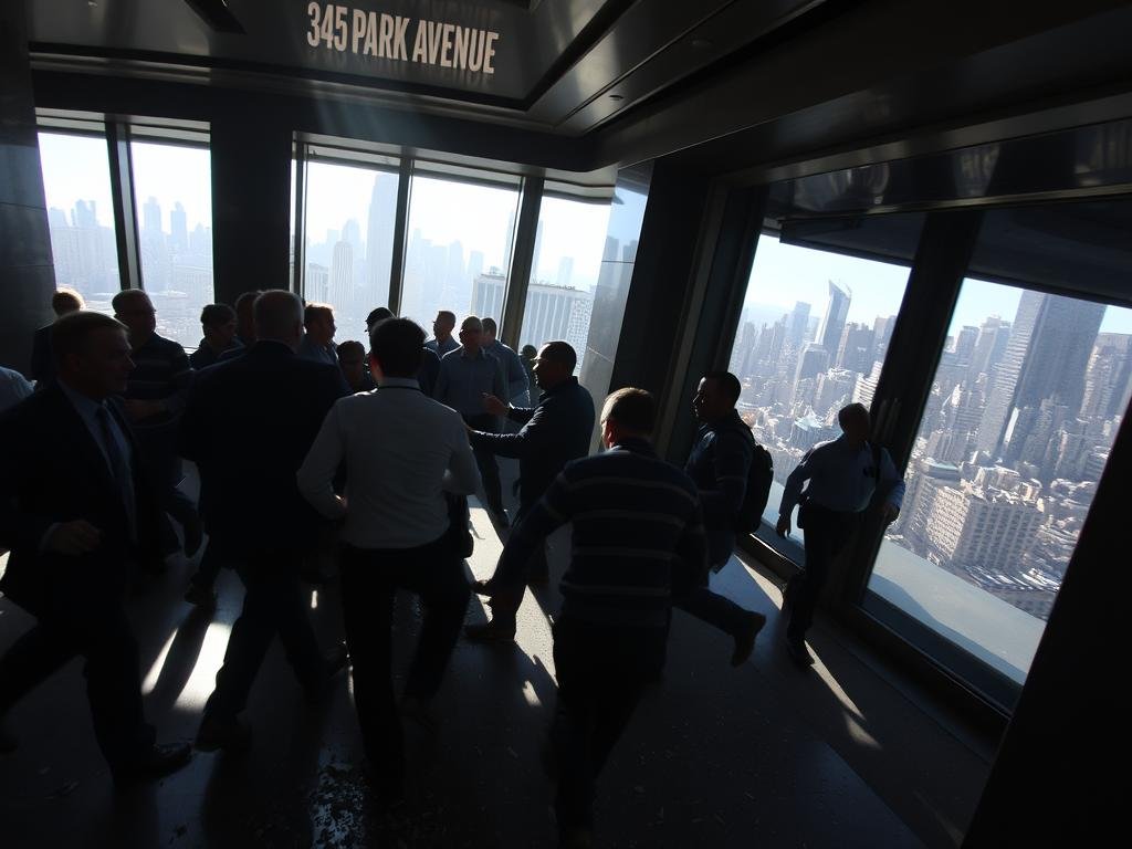 A dimly lit, chaotic interior of the 345 Park Ave. building, with sunlight streaming through the large windows and casting dramatic shadows. In the foreground, a tense confrontation unfolds, with figures locked in a physical altercation. Debris litters the floor, and the atmosphere is tense and charged. In the middle ground, security personnel rush to intervene, their expressions a mix of urgency and concern. The background is a blur of activity, with the iconic Manhattan skyline visible through the windows, a reminder of the larger context. The scene is captured with a wide-angle lens, providing a sense of scale and immersion. The lighting is dramatic, creating a sense of unease and uncertainty, as the events unfold within the confines of the prestigious address.