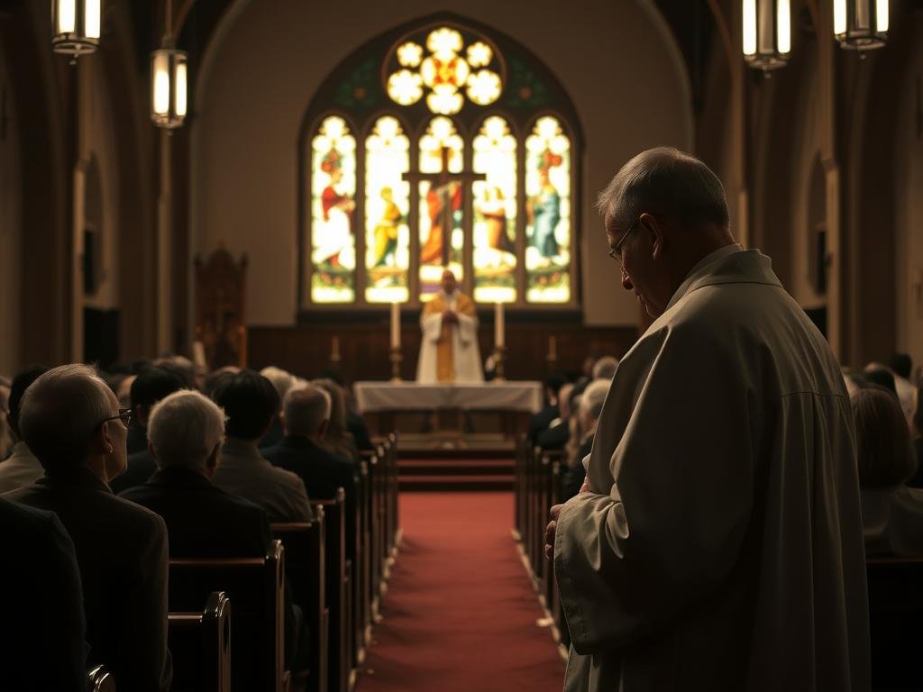 A dimly lit church interior, the altar adorned with simple, solemn decorations. In the foreground, a priest stands before the congregation, fingers dipped in a bowl of ashes, carefully marking the sign of the cross on the forehead of each worshipper. Solemnity and reverence fill the air, as the faithful bow their heads, accepting the symbolic reminder of their mortality. The stained-glass windows cast a soft, warm glow, illuminating the somber yet contemplative atmosphere. In the pews, congregants listen intently, their faces reflecting the weight and significance of the Ash Wednesday service, marking the beginning of the Lenten season. A dimly lit church interior, the altar adorned with simple, solemn decorations. In the foreground, a priest stands before the congregation, fingers dipped in a bowl of ashes, carefully marking the sign of the cross on the forehead of each worshipper. Solemnity and reverence fill the air, as the faithful bow their heads, accepting the symbolic reminder of their mortality. The stained-glass windows cast a soft, warm glow, illuminating the somber yet contemplative atmosphere. In the pews, congregants listen intently, their faces reflecting the weight and significance of the Ash Wednesday service, marking the beginning of the Lenten season.