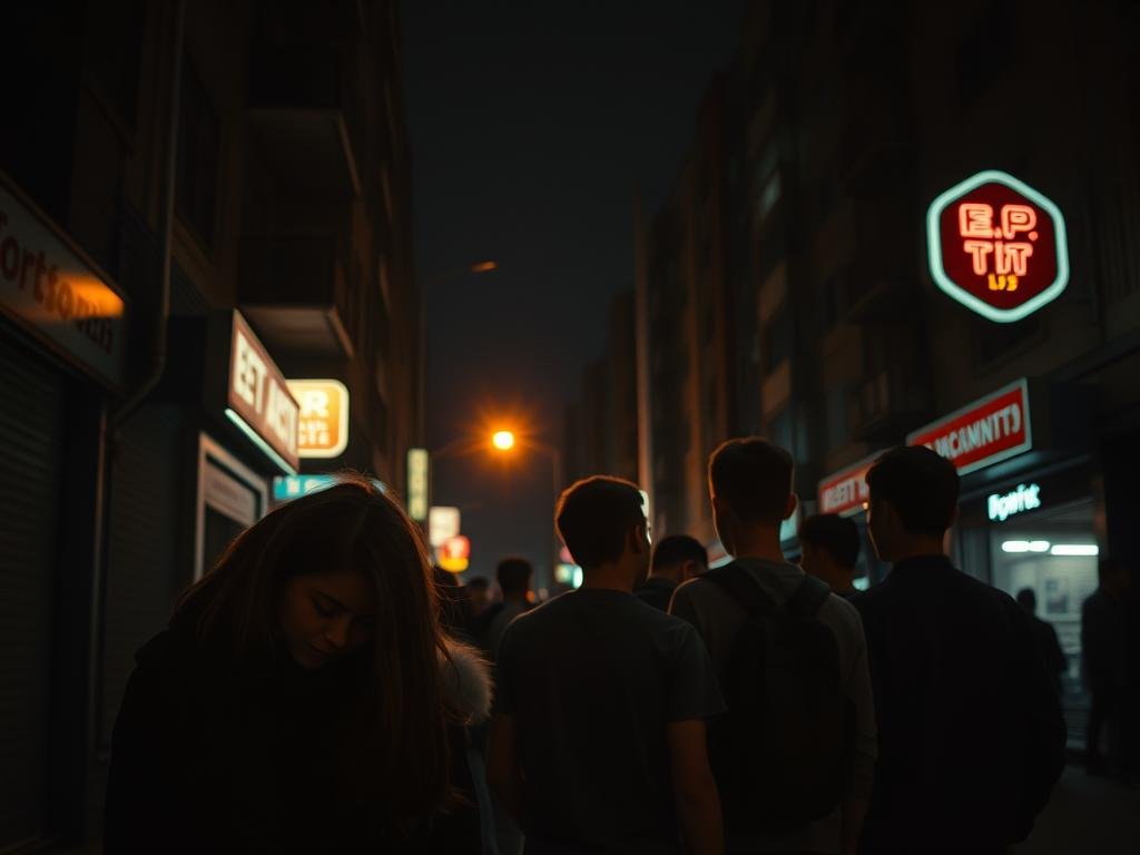A dimly lit city street, the neon signs casting an eerie glow over a group of teenagers huddled together. In the foreground, two young girls, their faces half-obscured by shadows, engaged in a lively conversation. The middle ground reveals a cluster of boys, their postures suggesting a sense of camaraderie. In the background, the towering silhouettes of apartment buildings and a distant streetlight create a moody, urban atmosphere. The scene is captured with a cinéma vérité-style lens, lending a sense of authenticity and immediacy to the moment. The overall mood is one of youthful energy, curiosity, and the thrill of venturing out into the night, hinting at the events that may have led to the fateful incident.