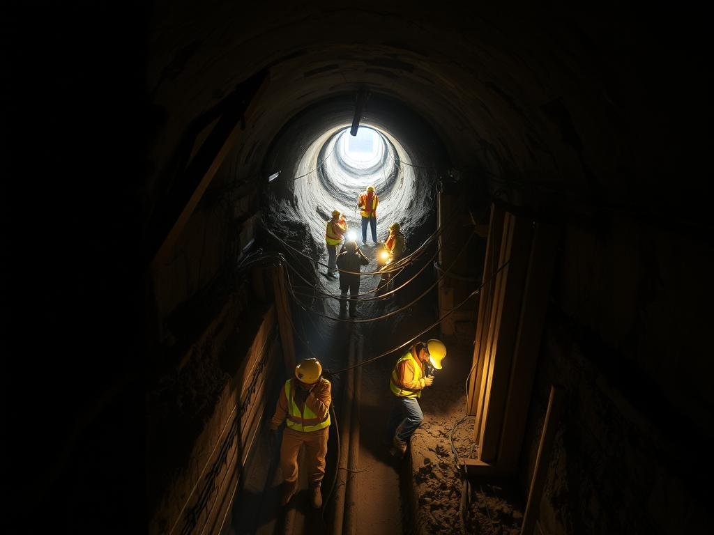A dimly lit construction site at night, a team of workers meticulously excavating an underground tunnel. The air thick with dust and the sound of jackhammers echoing through the darkness. In the foreground, a worker shines a flashlight, revealing the rough-hewn walls, the sturdy timber supports, and the intricate network of pipes and cables that snakes through the subterranean passageway. In the middle ground, more workers toil away, their faces illuminated by the glow of portable lamps. In the background, the faint outline of an opening, hinting at the tunnel's eventual destination. The scene is imbued with a sense of mystery and discovery, as if the viewer is witnessing the unearthing of a hidden treasure.