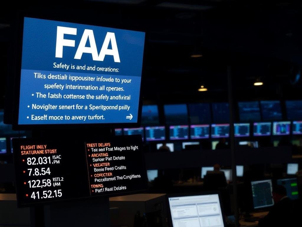 A dimly lit control tower at a major international airport, with a large digital display in the foreground showing the latest FAA safety and operations updates for travelers. The display features real-time information on flight delays, weather conditions, and other critical information. In the background, air traffic controllers can be seen diligently monitoring the airspace, their faces illuminated by the glow of computer screens. The scene conveys a sense of urgency and importance, reflecting the crucial role the FAA plays in ensuring the safety and efficiency of air travel.