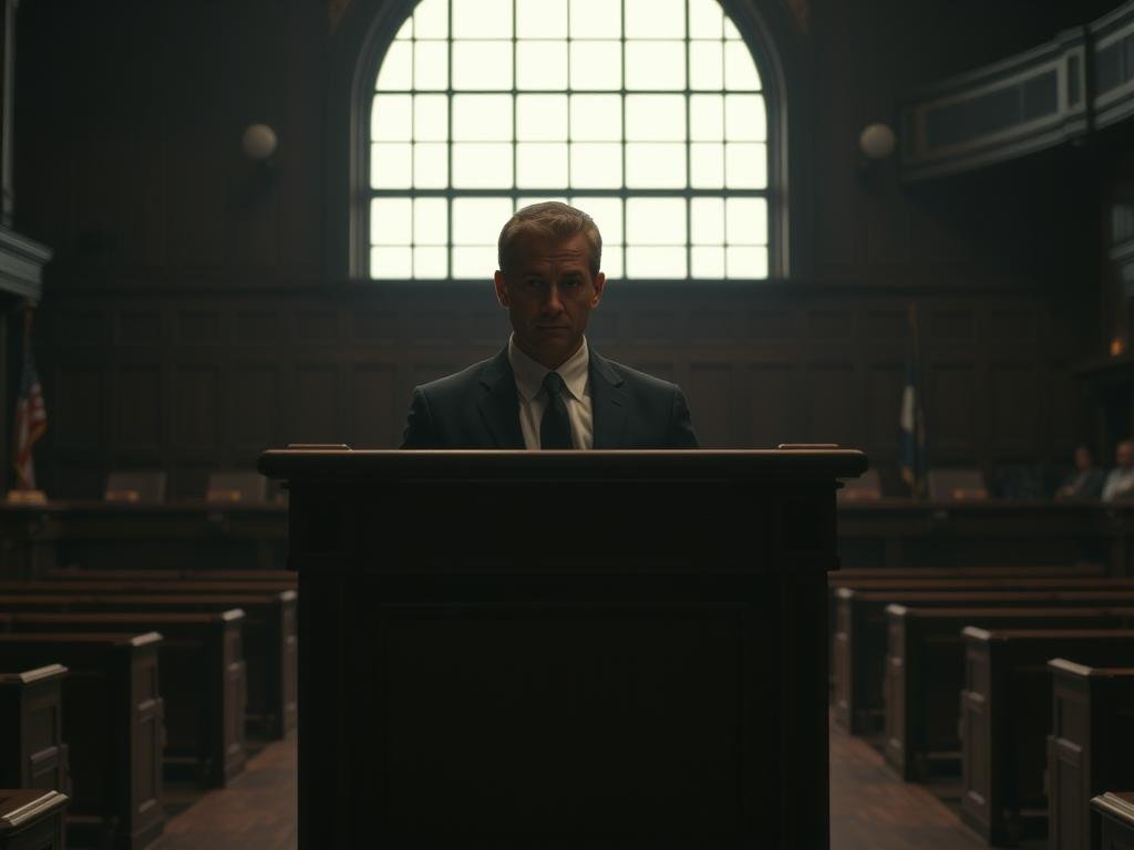 A dimly lit courtroom scene, with a defendant's dock prominently featured in the foreground. The dock is made of dark wood, with a high back and a simple design. The defendant, dressed in a somber suit, stands before a stern-faced judge, their expression neutral but resolute. Behind the judge's bench, a large window lets in a soft, natural light, casting subtle shadows across the room. In the background, rows of wooden benches and a raised gallery create a sense of formality and gravity. The atmosphere is one of solemn consideration, as the charges, plea, and sentence details are carefully weighed.