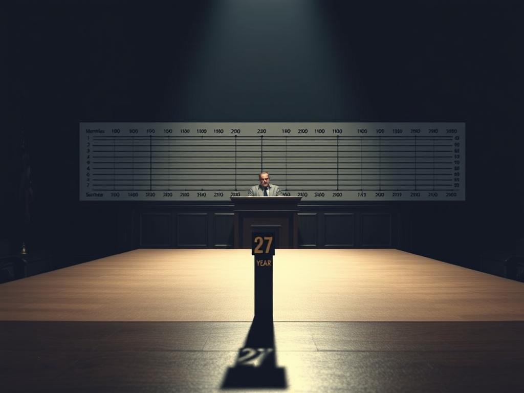 A dimly lit courtroom scene, with a judge's podium in the center. On the wall behind it, a large scale displaying sentencing lengths, ranging from a few months to life imprisonment. In the foreground, a 27-year sentence marker stands out, casting a subtle shadow across the room. The atmosphere is somber, with muted colors and dramatic lighting, emphasizing the gravity of the situation. The perspective is slightly elevated, conveying a sense of impartiality and objectivity. The image should highlight the context and significance of the 27-year sentence, situating it within the broader spectrum of criminal justice sentencing.