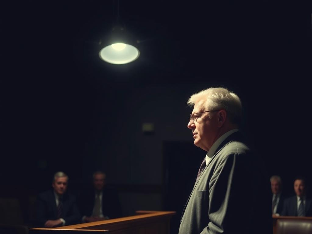 A dimly lit courtroom scene, with a prominent spotlight illuminating the defendant's stand, where a middle-aged man, Richard Swygert, stands accused. The atmosphere is tense, with shadows cast across the room, emphasizing the gravity of the allegations against him. The background is hazy, with blurred figures of lawyers and spectators, their faces obscured, drawing the viewer's focus to the defendant. The lighting is dramatic, creating a sense of unease and foreboding. The scene is captured from a slightly elevated angle, heightening the sense of scrutiny and judgment.