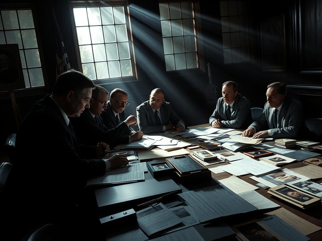 A dimly lit courtroom, the focus drawn to a table covered in a variety of evidence: documents, photographs, and other physical items. Beams of light from the windows cast an air of gravity and scrutiny, as a panel of officials meticulously examines each piece, their expressions stern and intent. The atmosphere is one of careful deliberation, the stakes high as they piece together the puzzle of the state's case. Shadows loom in the periphery, hinting at the complexities and uncertainties that lie within this legal proceeding.