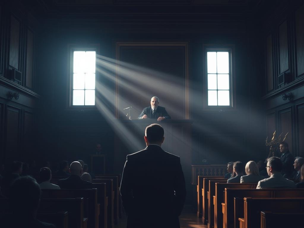 A dimly lit courtroom, the gallery hushed in anticipation. At the center, a witness stands, their face illuminated by soft, directional lighting, casting dramatic shadows that accentuate the gravity of their testimony. The judge, seated elevated and imposing, observes the proceedings with a stern, thoughtful expression, their robes cascading elegantly. Rows of wooden benches recede into the background, creating a sense of depth and formality. Beams of sunlight filter through high windows, lending a somber, reverent atmosphere to the scene. The tension is palpable, as the trial's most crucial evidence and arguments are presented, shaping the court's ultimate view.
