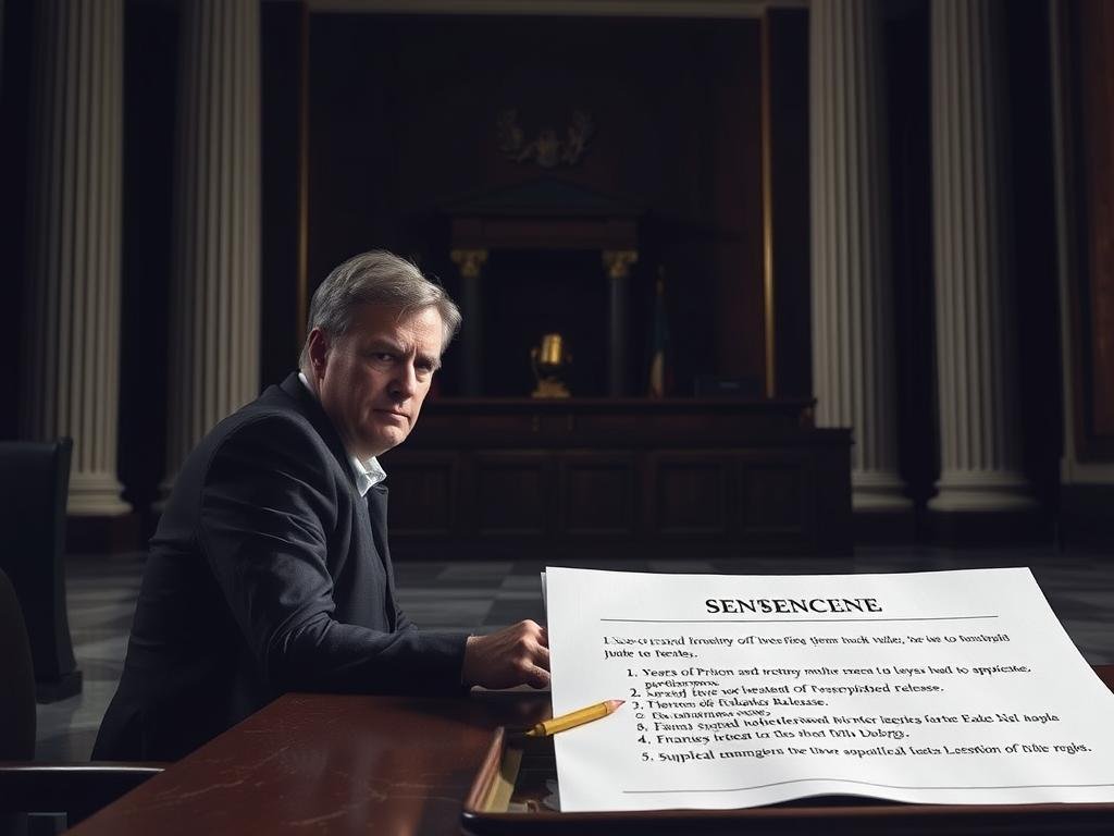 A dimly lit courtroom, the gavel's echo resonating through the somber atmosphere. Towering columns flank the judge's bench, casting long shadows across the polished marble floor. In the foreground, a defendant sits solemnly, their expression a mixture of resignation and apprehension. Beside them, a legal document outlines the sentence details: years of prison time, a period of supervised release, and substantial financial penalties. The scene conveys the gravity and consequences of the proceedings, capturing the weight of the law and the personal toll on the individual.
