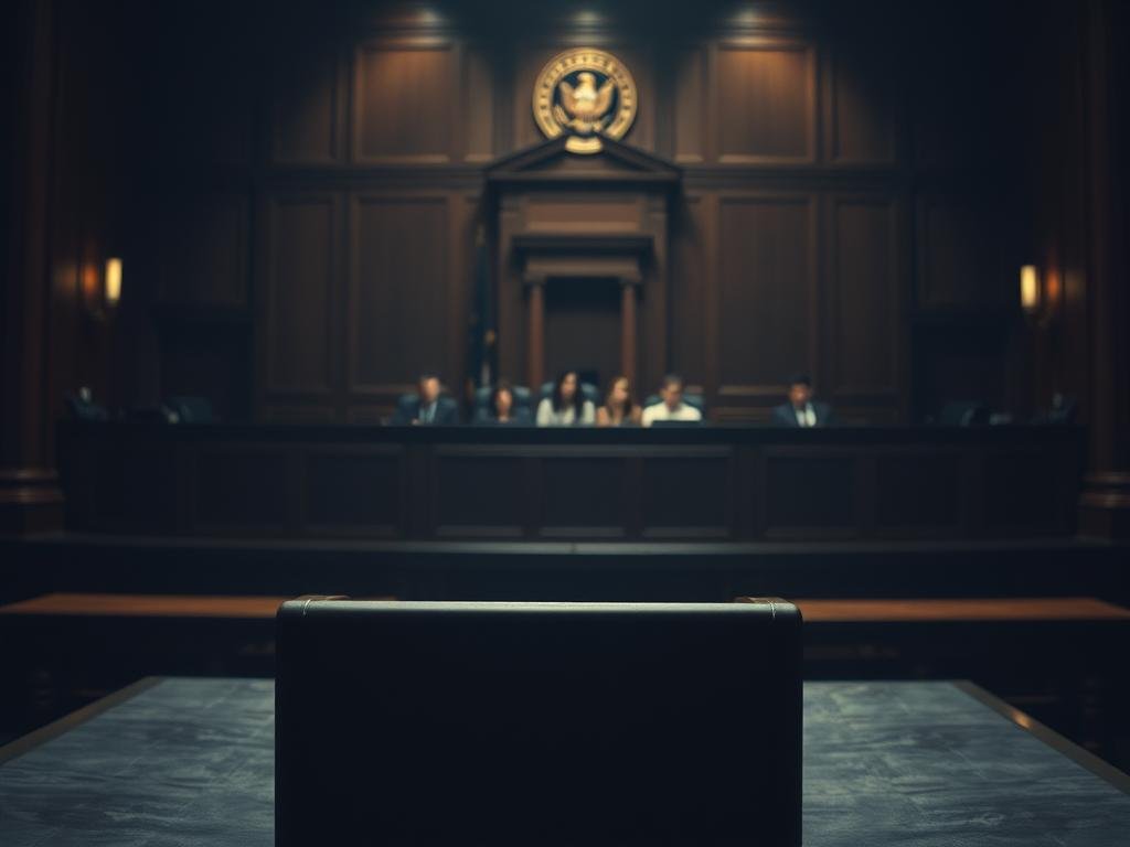 A dimly lit courtroom, the hush of anticipation. In the foreground, a podium stands, its surface smooth and uncluttered, a silent witness to the unfolding drama. The middle ground reveals a jury box, its occupants frozen in contemplation, their faces cast in shadows. Beyond, the judge's bench looms, a seat of authority and impartiality, yet its wooden paneling holds the weight of unsaid words. The lighting is soft, casting a warm, pensive glow that suggests the gravity of the situation. The overall composition evokes a sense of suspense, where the motion, or lack thereof, speaks volumes, hinting at the complexities and hidden narratives that lie beneath the surface.
