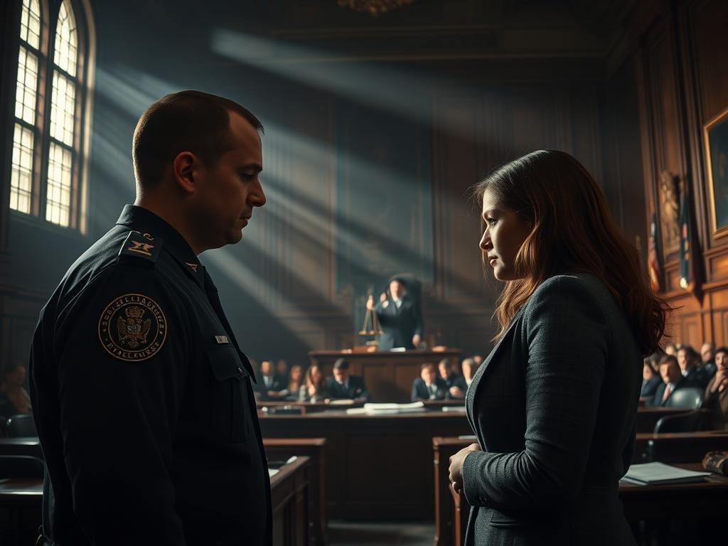 A dimly lit courtroom, the tension palpable. In the foreground, two figures locked in a tense confrontation - a former police officer, shoulders slumped, and their ex-partner, brow furrowed with anguish. Beams of light filter through the high windows, casting shadows that speak of a history fraught with domestic discord. The middle ground is a maze of legal documents and evidence, a silent witness to the unfolding drama. In the background, the judge's stern gaze surveys the scene, a symbol of the judicial system tasked with untangling the complexities of relationship-linked violence. The mood is somber, the atmosphere charged with the weight of consequences and the pursuit of justice.