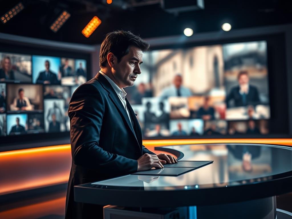 A dimly lit documentary studio, with a backdrop of newsreel footage flickering on the wall. In the foreground, a news anchor stands at a sleek, modern desk, their face etched with a contemplative expression as they grapple with the revelations unfolding. The lighting is a mix of warm, focused spotlights and cooler tones from the screens, creating a sense of tension and gravity. The angle is a mid-shot, framing the anchor with a sense of authority and professionalism, yet leaving room for the backdrop to hint at the complex allegations and responses that are the focus of this segment.