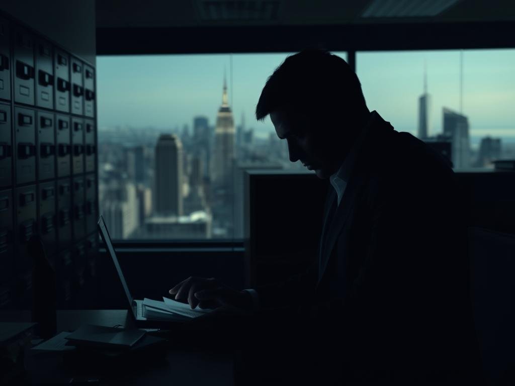 A dimly lit government office, the air thick with tension. In the foreground, a shadowy figure pores over documents, their face obscured by the glare of a laptop screen. The walls are lined with filing cabinets, hinting at the complex web of corruption being unraveled. In the background, a panoramic view of the New York City skyline, a constant reminder of the broader implications of this investigation. The lighting is moody, creating deep shadows and highlights that accentuate the gravity of the situation. The camera angle is slightly low, adding a sense of weight and importance to the scene. The overall atmosphere is one of serious deliberation, as the figure works to uncover the truth and expose the far-reaching consequences of the corruption.