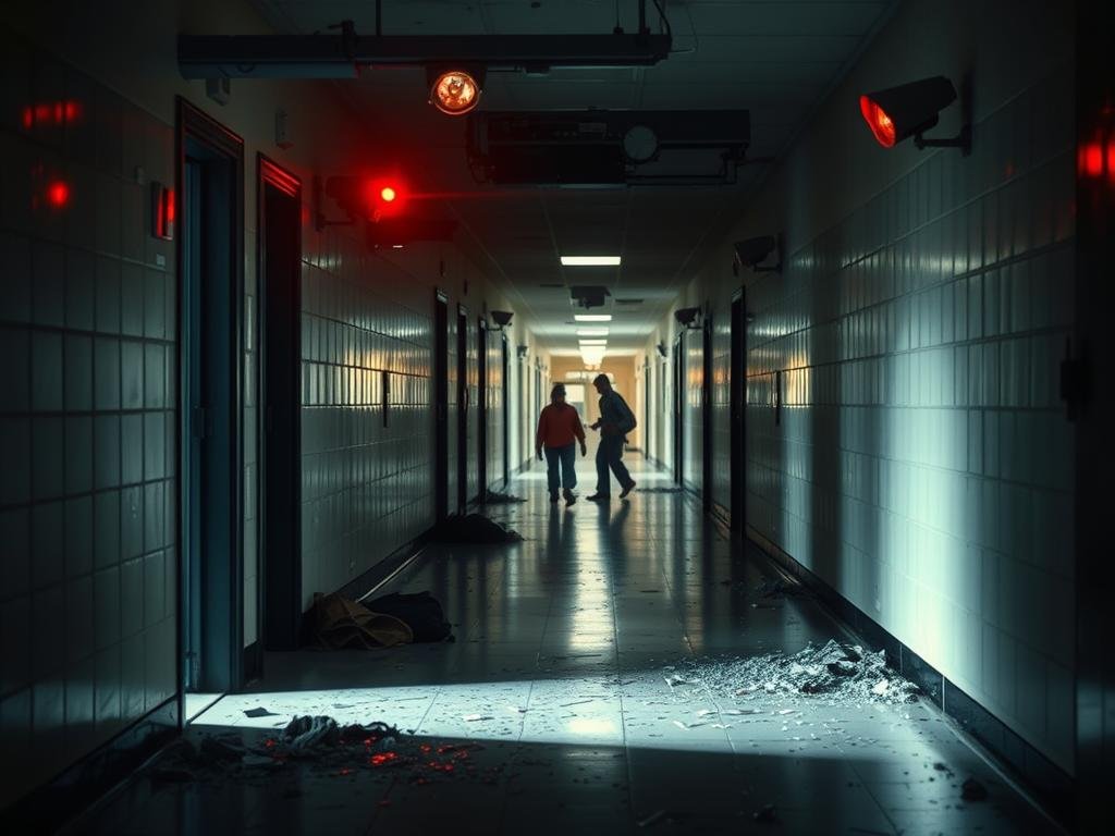 A dimly lit hallway, the scene of a violent attack. On the floor, shattered glass and scattered belongings, a stark contrast to the once orderly space. The air is thick with tension, the walls seemingly closing in. Overhead, security cameras capture the unfolding events, their red lights blinking ominously. In the distance, the sound of panicked footsteps and muffled cries echo through the corridor. Social media platforms buzz with the rapid spread of the incident, images and videos shared with a growing sense of outrage. The hallway becomes a stage, a battleground where the fragility of school safety is laid bare, a haunting testament to the need for change.