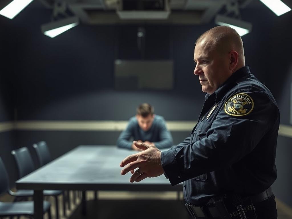 A dimly lit interrogation room, a suspect seated across a metal table, their face obscured in shadow. Harsh overhead lighting casts sharp shadows, conveying a sense of tension and unease. In the foreground, a police officer stands, hands resting on the table, their expression stern and unwavering. The background is blurred, hinting at the larger investigation unfolding beyond the confines of the room. The atmosphere is charged with the weight of the accusations, the air thick with the anticipation of a pivotal moment in the case.