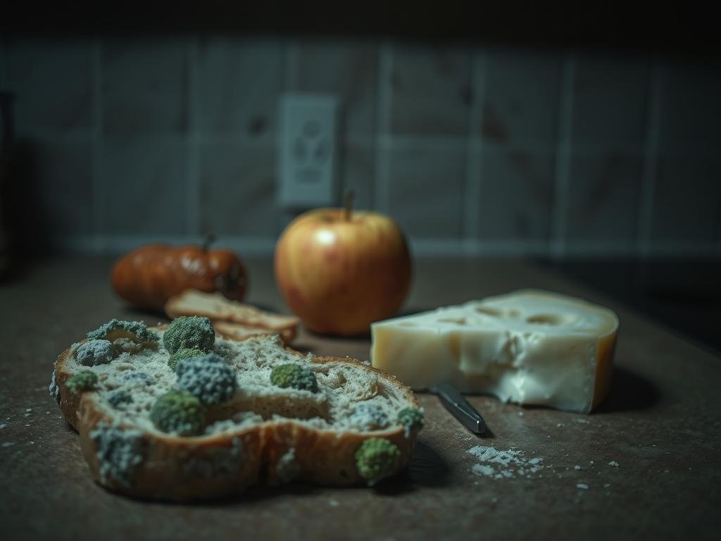 A dimly lit kitchen counter, with a variety of moldy food items scattered across its surface. In the foreground, a half-eaten loaf of bread, its crust speckled with fuzzy green and blue growths. Beside it, a wedge of cheese, its rind covered in a thick, velvety layer of white mold. In the middle ground, a forgotten apple, its skin blushing with spots of pink and brown decay. The background is hazy, with a sense of uncertainty and unease, as if the viewer is unsure of what lurks in the shadows. The lighting is soft and moody, casting subtle shadows that accentuate the textural details of the moldy foods. The overall composition conveys a sense of unease and caution, hinting at the myths and realities surrounding the consumption of spoiled foods.