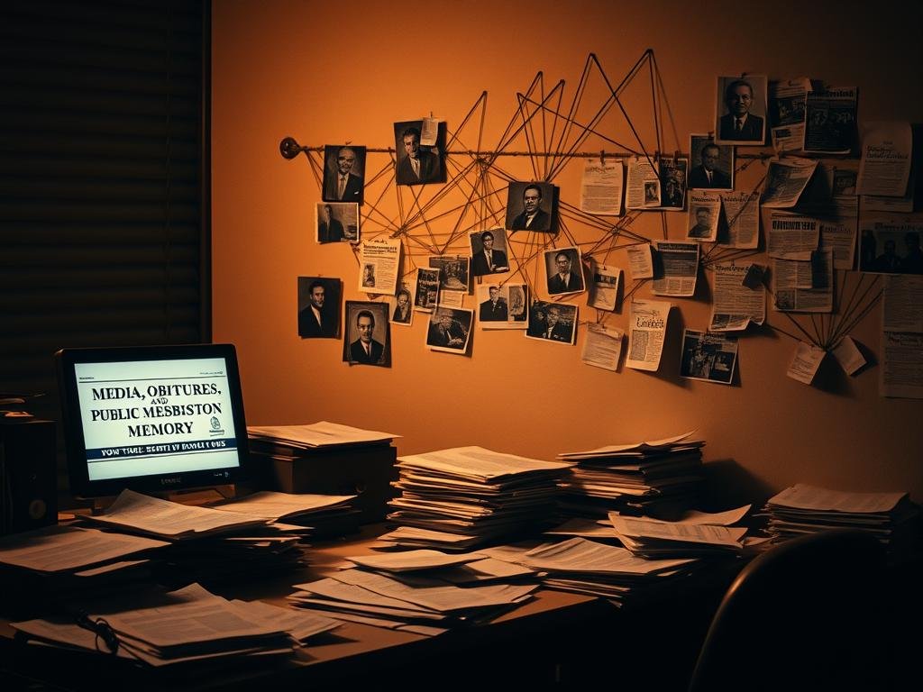 A dimly lit newsroom, papers and files scattered across a cluttered desk. On the computer screen, a headline reads "Media, Obituaries, and Public Memory: How the Story Spread". Photographs and news clippings pin-tacked to the wall, a web of connections hinting at the far-reaching impact of one man's life and legacy. Warm, muted lighting casts shadows, evoking a sense of gravitas and the weight of public discourse. The room's atmosphere is pensive, reflecting the thoughtful examination of how a single story can captivate and shape collective memory.
