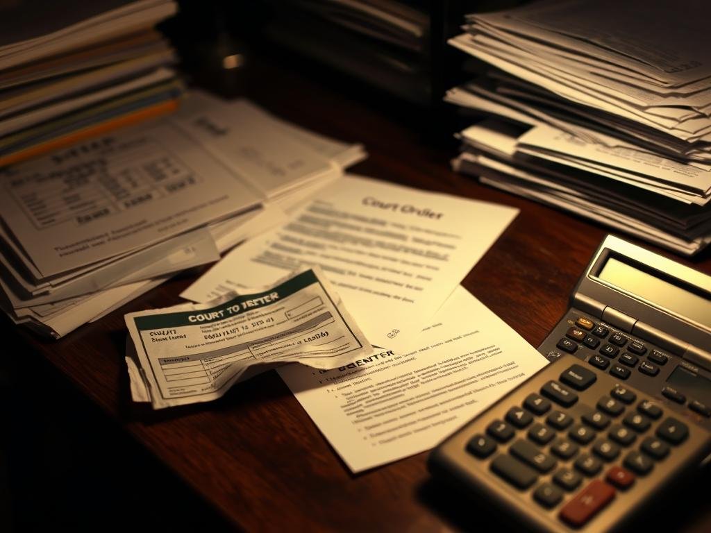 A dimly lit office desk, partially obscured by stacks of financial documents and legal papers. Scattered across the surface, a crumpled SNAP benefits card, a court order, and a calculator displaying partial payment figures. The scene is bathed in a somber, muted light, evoking a sense of bureaucratic purgatory. The angle is slightly elevated, as if observing the scene from an unseen observer's perspective. The overall atmosphere is one of uncertainty, administrative red tape, and the financial hardship faced by those navigating the complexities of government assistance programs.