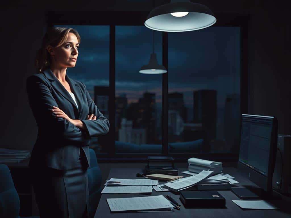 A dimly lit office environment serves as the backdrop, where tension hangs in the air. In the foreground, a confident woman in professional business attire stands with crossed arms, her expression a mix of determination and concern. She gazes out of a large window, reflecting a city skyline at dusk. In the middle ground, a desk cluttered with paperwork suggests urgent investigations and unaddressed issues, while a computer screen displays cryptic data. Soft shadows cast from an overhead lamp create a dramatic atmosphere, hinting at the gravity of the situation. The color palette blends deep blues and grays, evoking a sense of unease and intrigue, capturing the essence of "Suspect Developments and Motive Lines."