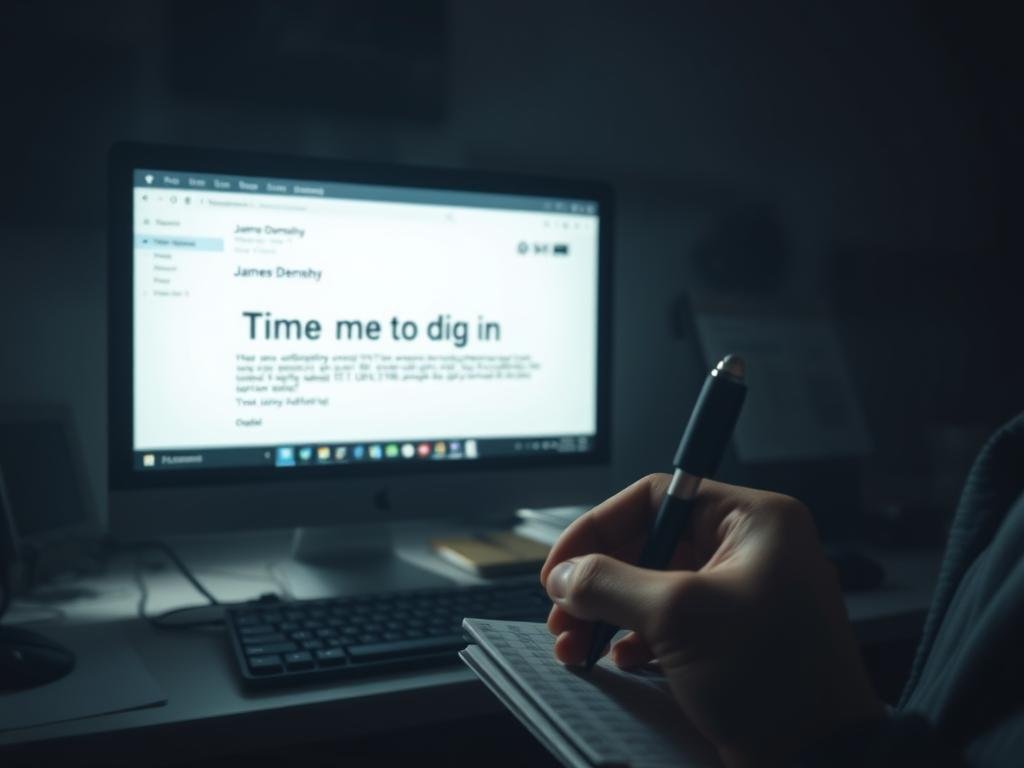 A dimly lit office scene, with a computer screen displaying an email from "James Dennehy" on the desk. The email's subject line reads "Time for me to dig in" in bold text. In the foreground, a hand holds a pen, poised to make notes. The background is hazy, conveying a sense of tension and urgency. Soft, dramatic lighting casts deep shadows, creating a somber, serious atmosphere. The overall composition suggests a private moment of contemplation and pushback against the events of January 6th.