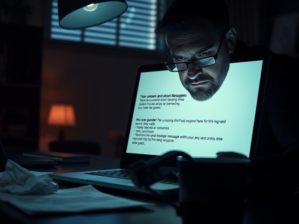 A dimly lit office space, the soft glow of a laptop screen casting an eerie light on the face of a concerned-looking business owner. Unsettling, anonymous messages displayed on the screen, hinting at a growing sense of unease and legal jeopardy. The atmosphere is tense, with shadows and muted colors adding to the ominous tone. Subtle details, like a crumpled document or a half-empty cup of coffee, further convey the weight of the situation. The camera angle is slightly low, creating a sense of vulnerability and the subject's distress. The overall impression is one of a legal crisis unfolding, where the "concerning messages" are a harbinger of a larger threat.