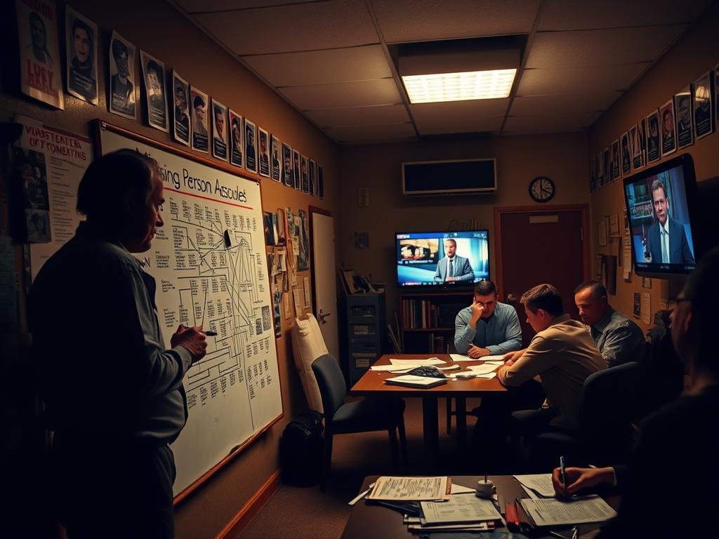 A dimly lit office, the walls adorned with missing person posters and case files. In the foreground, a detective stands before a large whiteboard, marker in hand, meticulously mapping out the connections between multiple missing person cases. The middle ground features a team of investigators huddled around a table, poring over documents and photographs, their expressions tense with determination. In the background, a wall-mounted TV displays a news broadcast, the anchor's voice a muted hum, underscoring the gravity of the investigation. Warm, muted lighting casts deep shadows, creating a somber, introspective atmosphere. The scene conveys the intensity and complexity of a multi-agency effort to uncover the truth and bring the missing home. A dimly lit office, the walls adorned with missing person posters and case files. In the foreground, a detective stands before a large whiteboard, marker in hand, meticulously mapping out the connections between multiple missing person cases. The middle ground features a team of investigators huddled around a table, poring over documents and photographs, their expressions tense with determination. In the background, a wall-mounted TV displays a news broadcast, the anchor's voice a muted hum, underscoring the gravity of the investigation. Warm, muted lighting casts deep shadows, creating a somber, introspective atmosphere. The scene conveys the intensity and complexity of a multi-agency effort to uncover the truth and bring the missing home.