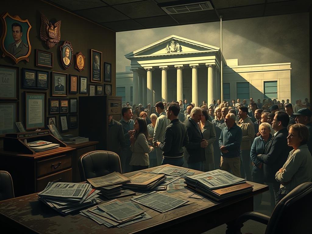 A dimly lit police precinct, the walls adorned with plaques and commendations. In the foreground, a weathered detective's desk, its surface cluttered with case files and newspaper clippings, a testament to the weight of an infamous legacy. The middle ground reveals a bustling community gathering, citizens of diverse backgrounds exchanging stories, their faces etched with a mix of reverence and unease. In the background, the imposing facade of a courthouse, its columns casting long shadows that symbolize the enduring impact of policy decisions. The scene is suffused with a somber, contemplative mood, inviting the viewer to consider the complex interplay between law enforcement, public perception, and the enduring legacy of a figure who has left an indelible mark on the community.