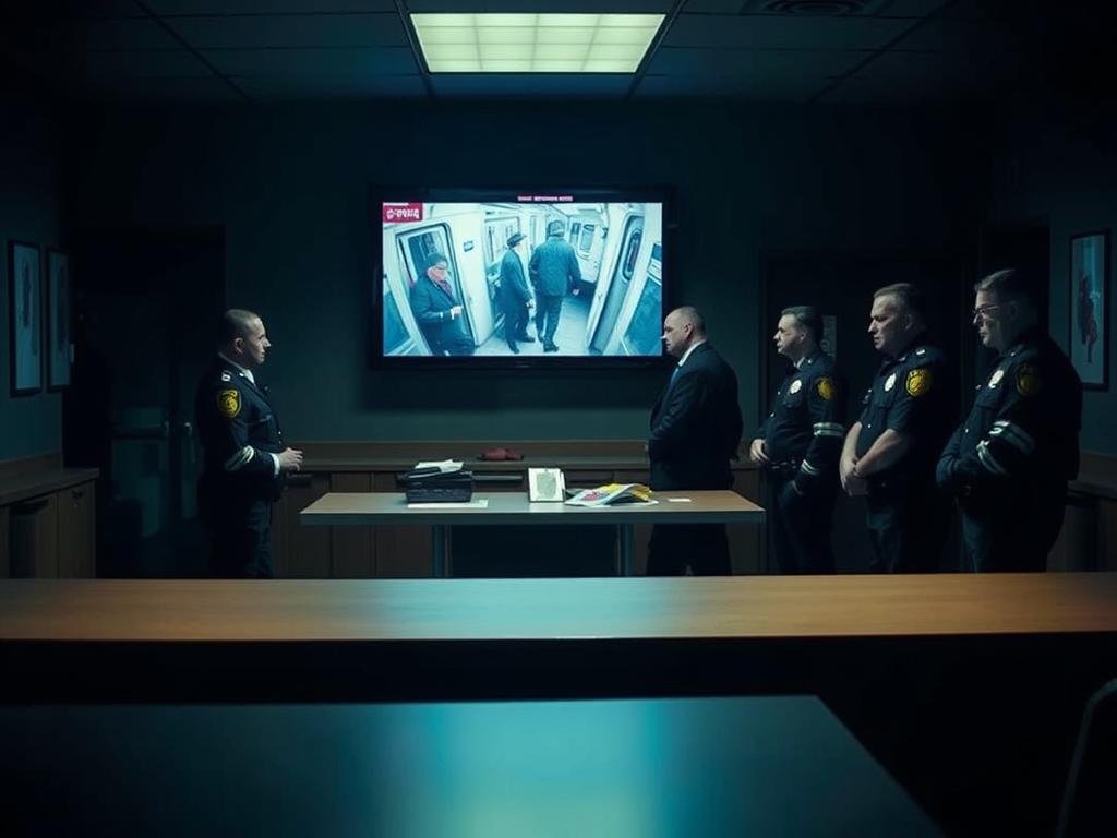 A dimly lit police station, a news desk in the foreground with a headline "Arrest update and charges in the Manhattan push case". In the background, a large monitor displays security camera footage of the subway incident, while detectives and officers stand around a table, examining evidence. The scene is tense, with a somber mood conveying the gravity of the situation. Soft lighting casts shadows, creating a sense of depth and drama. The camera angle is slightly elevated, giving a sense of authority and professionalism to the proceedings.